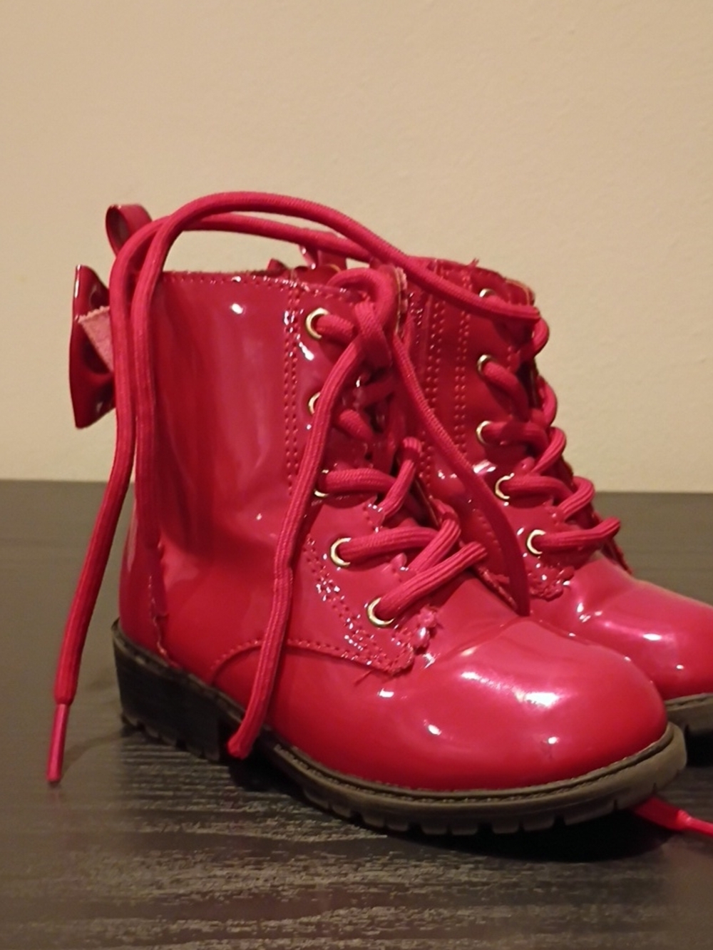 Sugar Bright Red Patent Lace-Up Kids Ankle Boots with Heel Bow